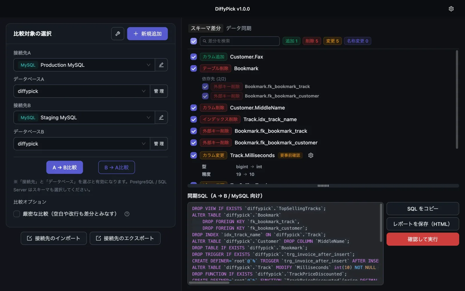 2つのMySQLデータベースを比較している画面